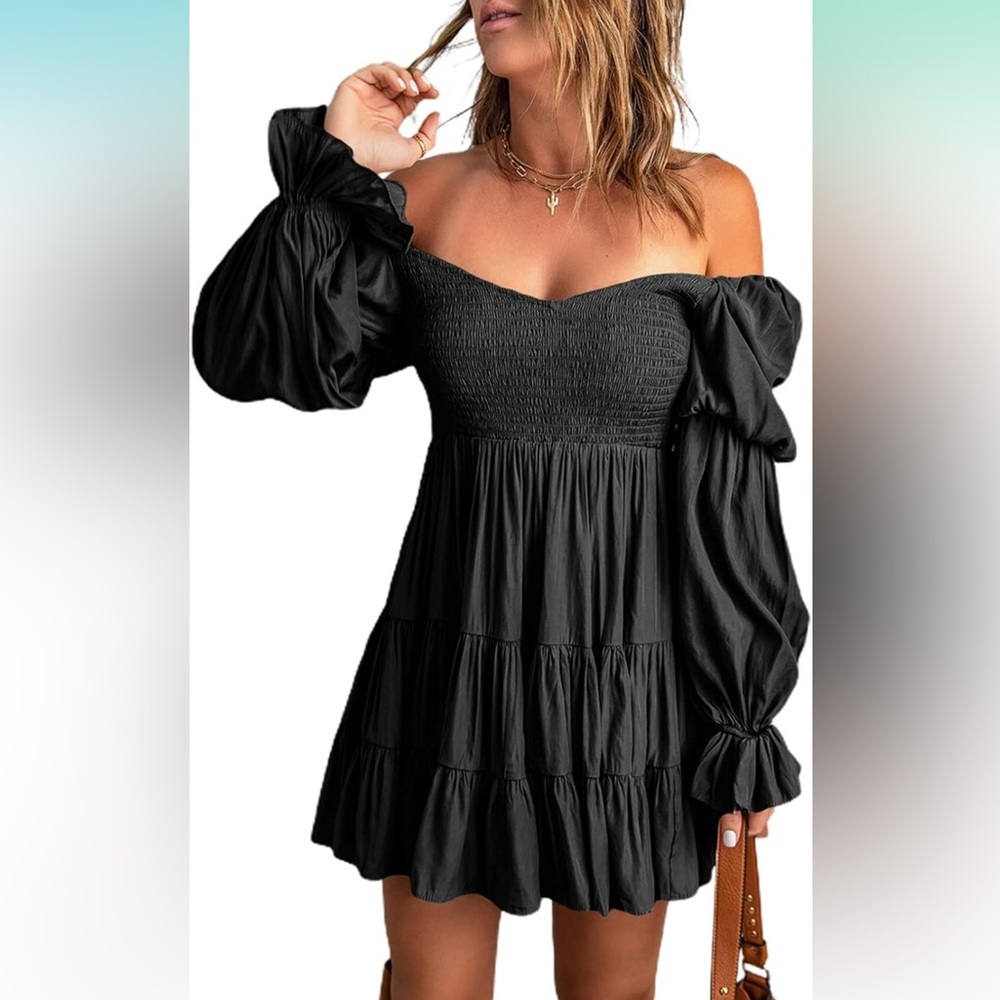 Off The Shoulder V-Neck Long Sleeve Ruffle Flowy Dress
